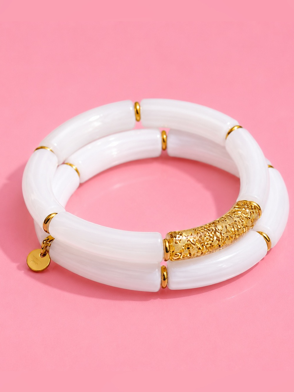 Cute White Beaded Stretch Bracelet with Gold Accent